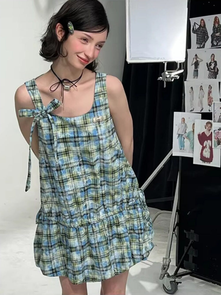Square Neck Bow Waist Plaid Pocket Dress【s0000016336】
