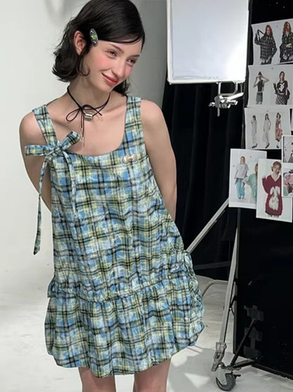 Square Neck Bow Waist Plaid Pocket Dress【s0000016336】