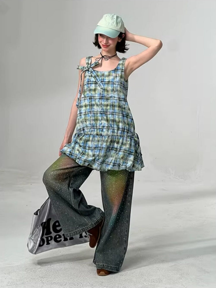 Square Neck Bow Waist Plaid Pocket Dress【s0000016336】
