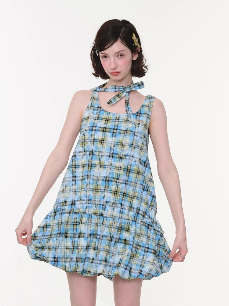 Square Neck Bow Waist Plaid Pocket Dress【s0000016336】