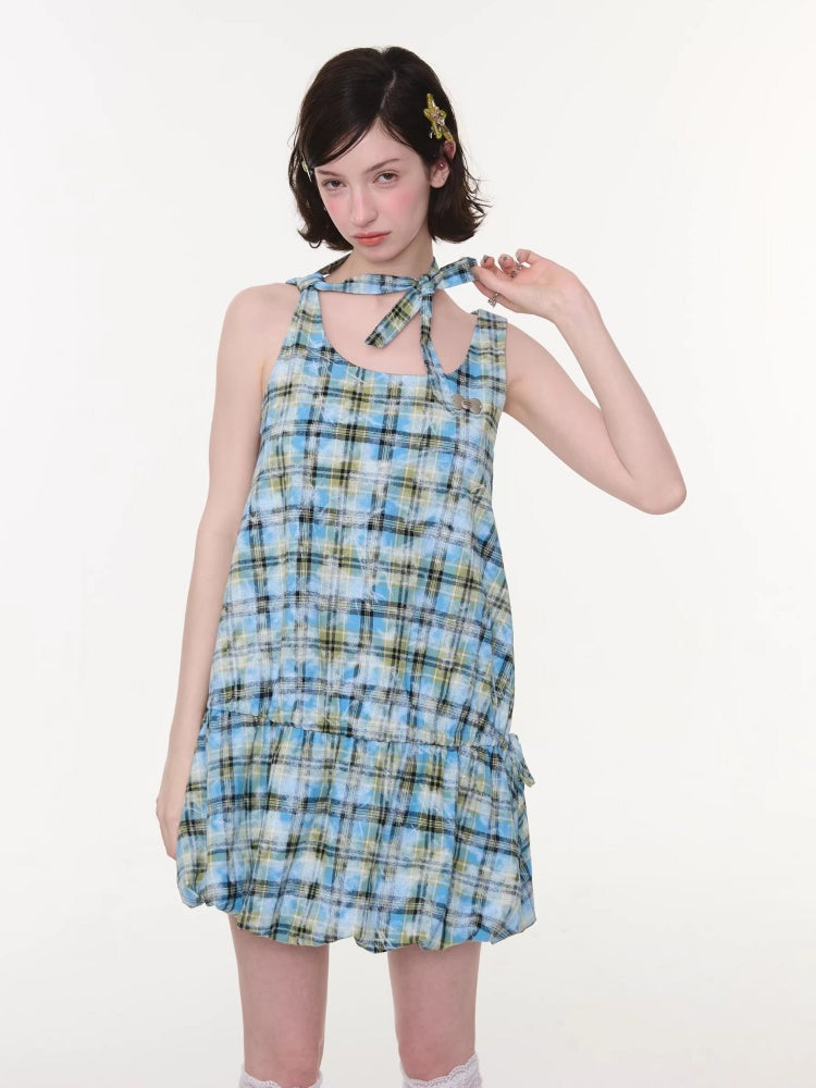 Square Neck Bow Waist Plaid Pocket Dress【s0000016336】