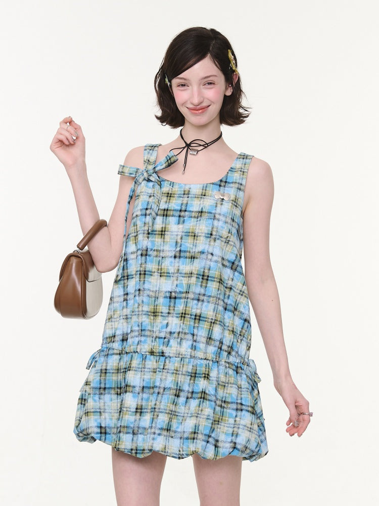 Square Neck Bow Waist Plaid Pocket Dress【s0000016336】