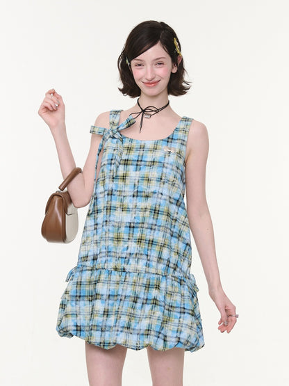 Square Neck Bow Waist Plaid Pocket Dress【s0000016336】