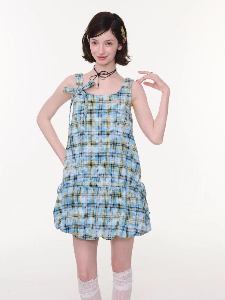 Square Neck Bow Waist Plaid Pocket Dress【s0000016336】