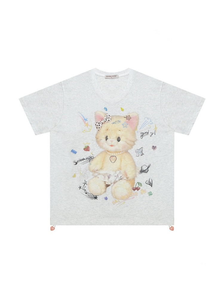 Cat Print V-Neck Short Sleeve T-Shirt Gray【s0000016338】
