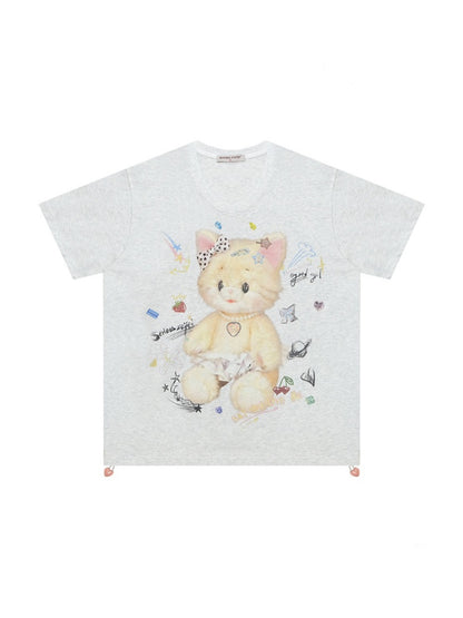 Cat Print V-Neck Short Sleeve T-Shirt Gray【s0000016338】