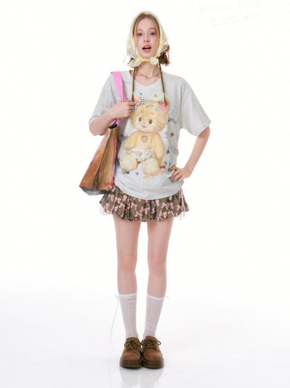 Cat Print V-Neck Short Sleeve T-Shirt Gray【s0000016338】