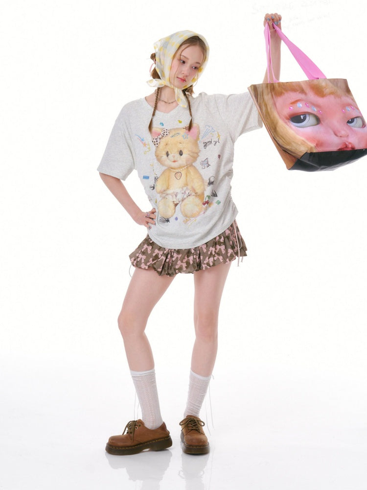 Cat Print V-Neck Short Sleeve T-Shirt Gray【s0000016338】