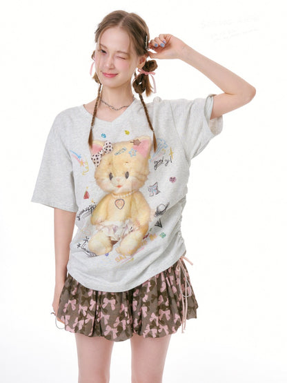 Cat Print V-Neck Short Sleeve T-Shirt Gray【s0000016338】