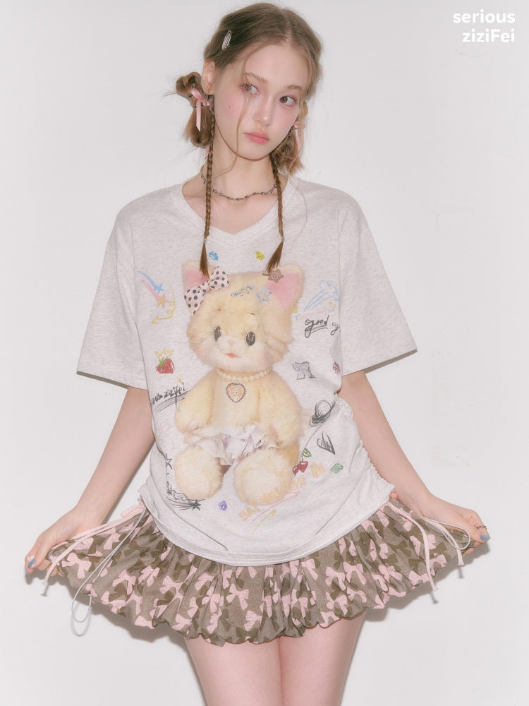 Cat Print V-Neck Short Sleeve T-Shirt Gray【s0000016338】