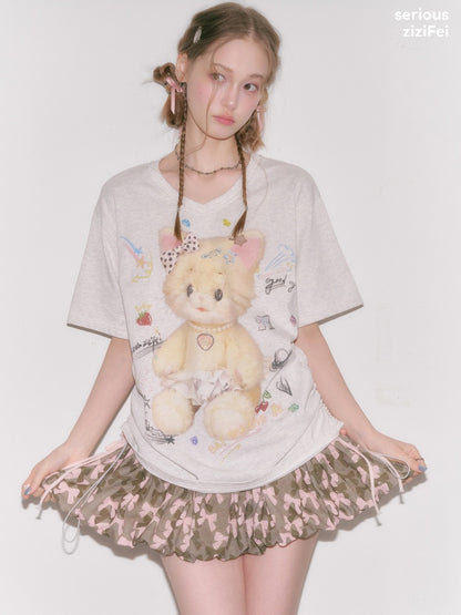 Cat Print V-Neck Short Sleeve T-Shirt Gray【s0000016338】