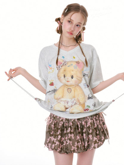 Cat Print V-Neck Short Sleeve T-Shirt Gray【s0000016338】