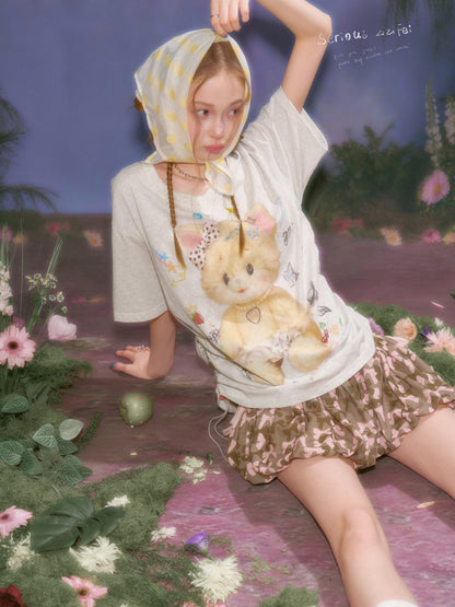 Cat Print V-Neck Short Sleeve T-Shirt Gray【s0000016338】