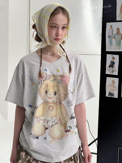 Cat Print V-Neck Short Sleeve T-Shirt Gray【s0000016338】