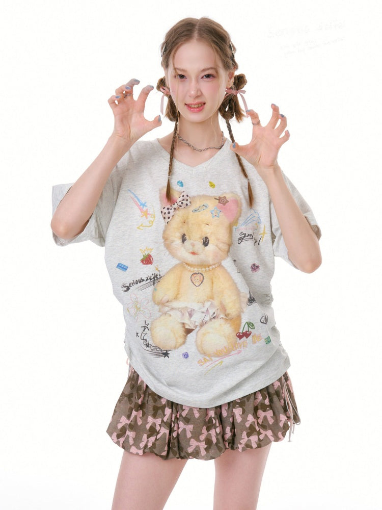 Cat Print V-Neck Short Sleeve T-Shirt Gray【s0000016338】