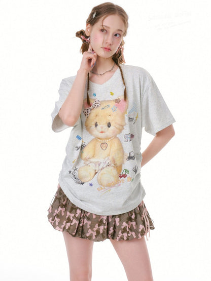 Cat Print V-Neck Short Sleeve T-Shirt Gray【s0000016338】