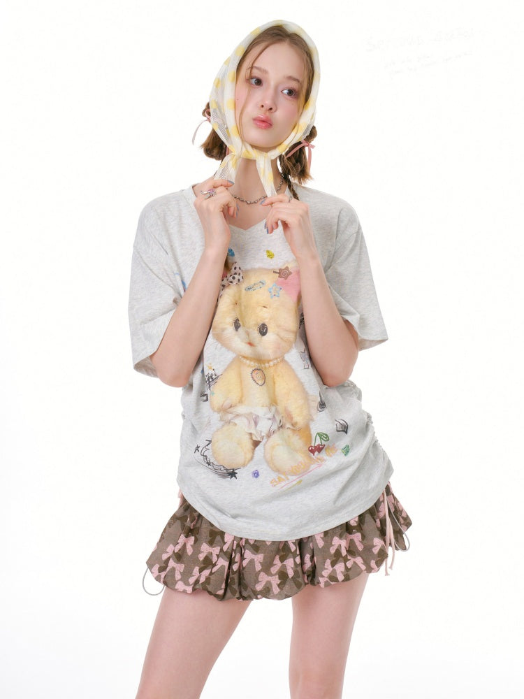 Cat Print V-Neck Short Sleeve T-Shirt Gray【s0000016338】
