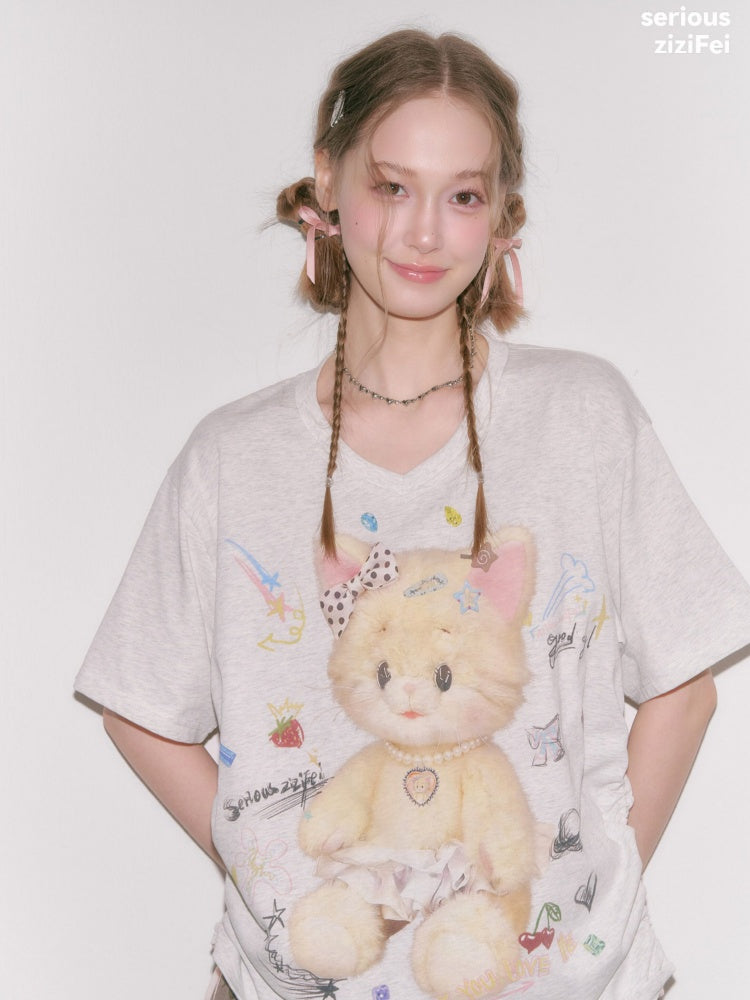 Cat Print V-Neck Short Sleeve T-Shirt Gray【s0000016338】