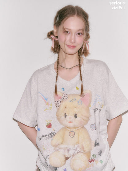 Cat Print V-Neck Short Sleeve T-Shirt Gray【s0000016338】