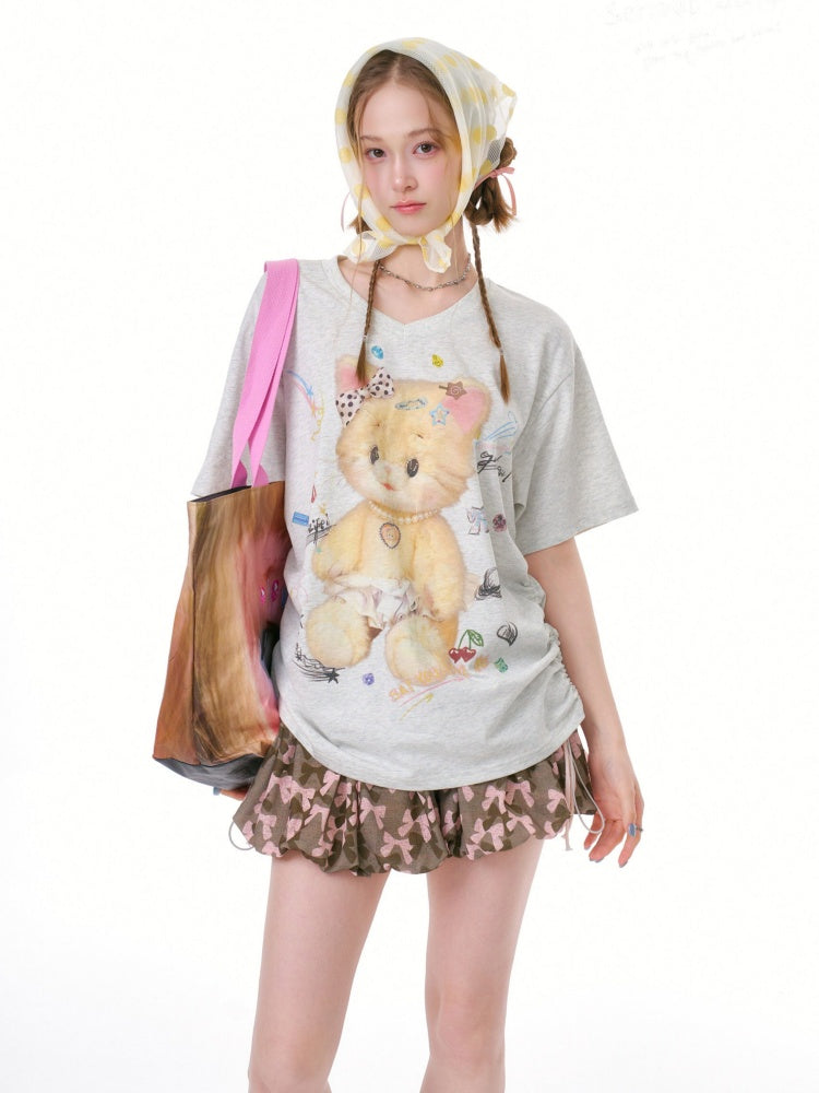 Cat Print V-Neck Short Sleeve T-Shirt Gray【s0000016338】