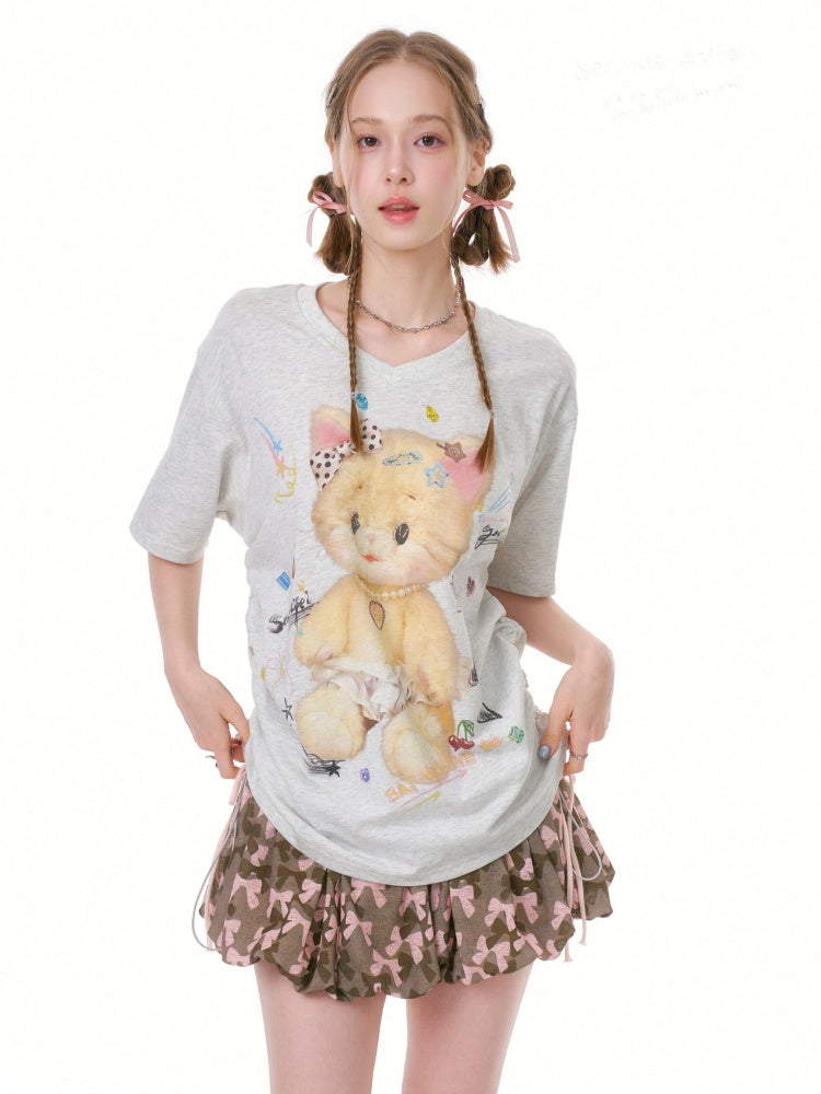Cat Print V-Neck Short Sleeve T-Shirt Gray【s0000016338】