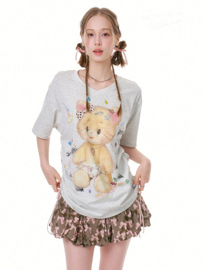 Cat Print V-Neck Short Sleeve T-Shirt Gray【s0000016338】