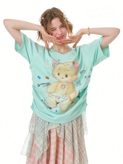 Cat Print V-Neck Short Sleeve T-Shirt Mint Green【s0000016341】