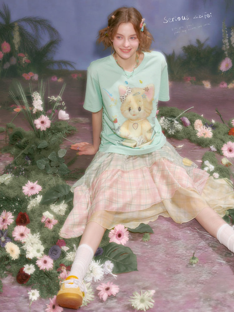 Cat Print V-Neck Short Sleeve T-Shirt Mint Green【s0000016341】