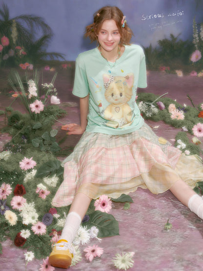 Cat Print V-Neck Short Sleeve T-Shirt Mint Green【s0000016341】