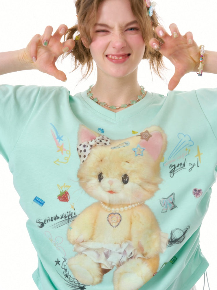 Cat Print V-Neck Short Sleeve T-Shirt Mint Green【s0000016341】