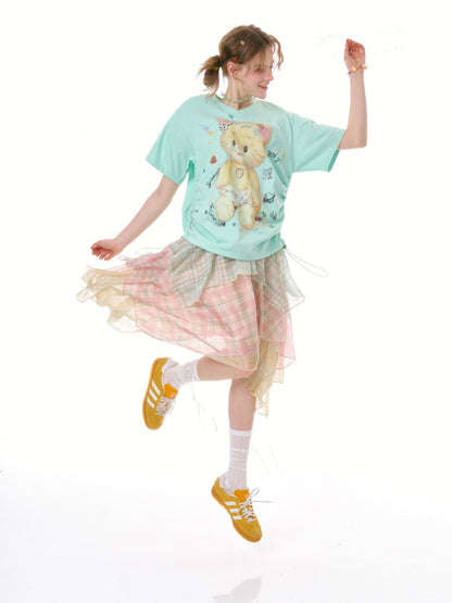 Cat Print V-Neck Short Sleeve T-Shirt Mint Green【s0000016341】