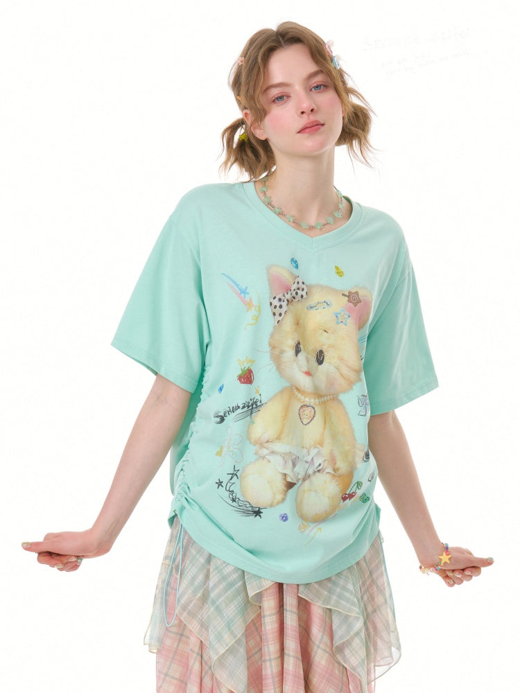 Cat Print V-Neck Short Sleeve T-Shirt Mint Green【s0000016341】