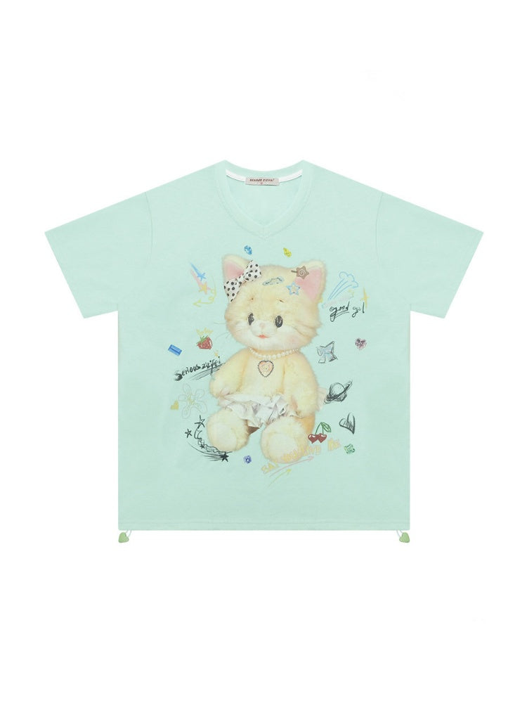 Cat Print V-Neck Short Sleeve T-Shirt Mint Green【s0000016341】