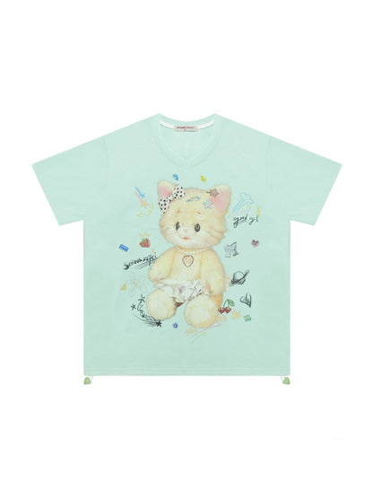 Cat Print V-Neck Short Sleeve T-Shirt Mint Green【s0000016341】