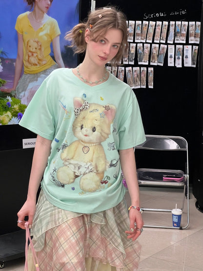 Cat Print V-Neck Short Sleeve T-Shirt Mint Green【s0000016341】
