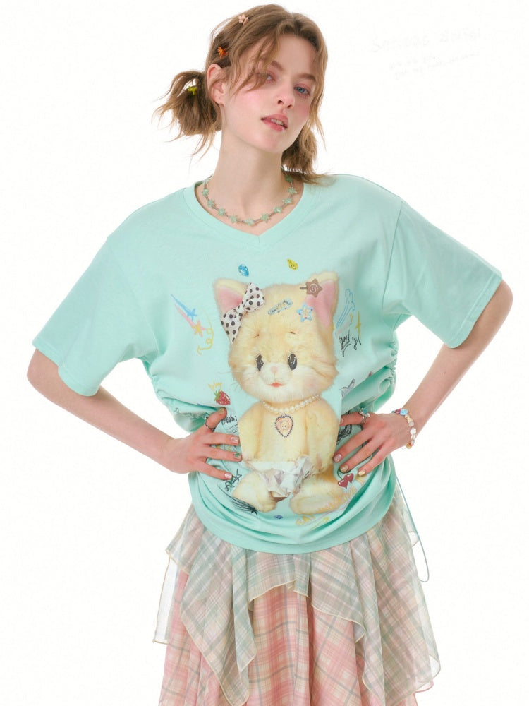 Cat Print V-Neck Short Sleeve T-Shirt Mint Green【s0000016341】