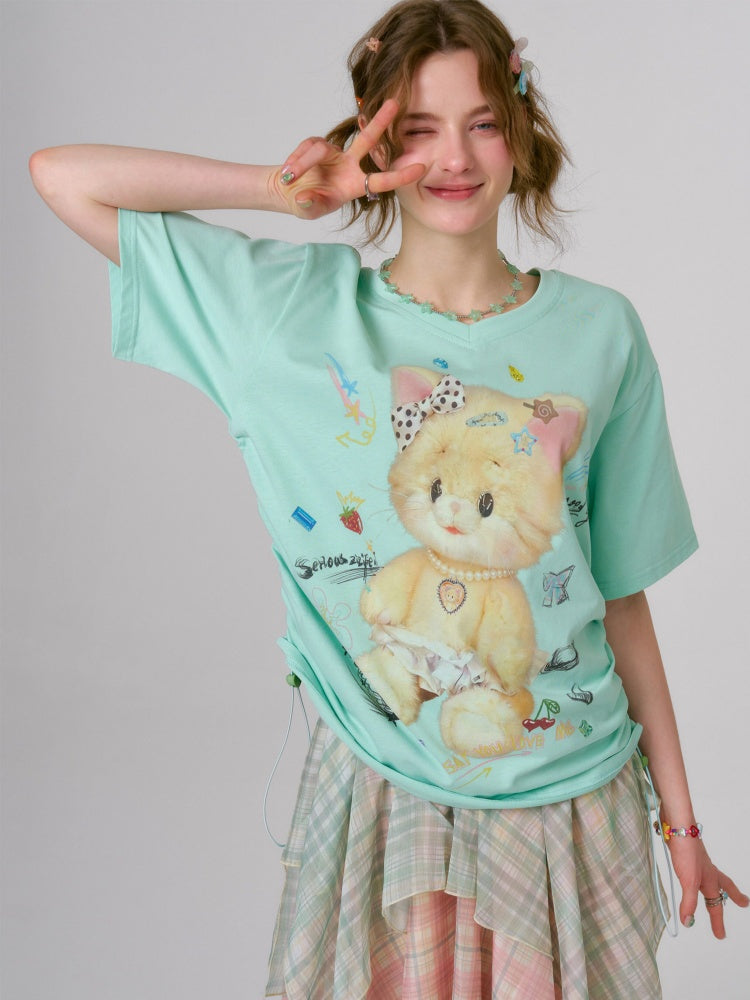 Cat Print V-Neck Short Sleeve T-Shirt Mint Green【s0000016341】