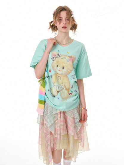 Cat Print V-Neck Short Sleeve T-Shirt Mint Green【s0000016341】