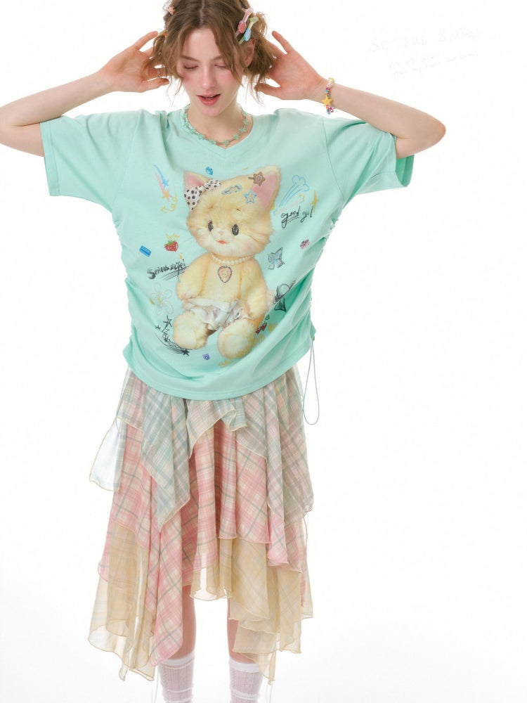 Cat Print V-Neck Short Sleeve T-Shirt Mint Green【s0000016341】
