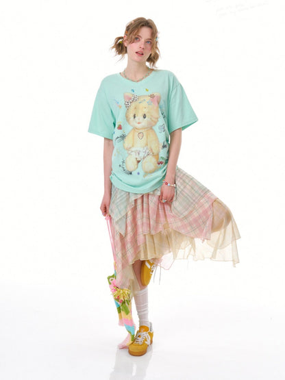 Cat Print V-Neck Short Sleeve T-Shirt Mint Green【s0000016341】