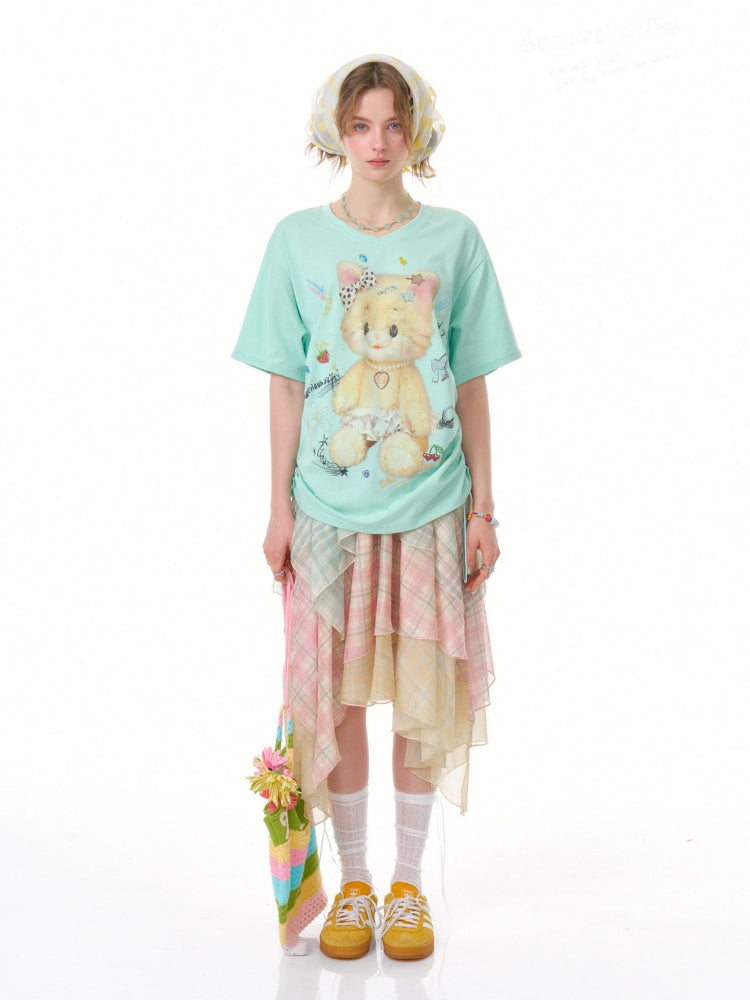 Cat Print V-Neck Short Sleeve T-Shirt Mint Green【s0000016341】