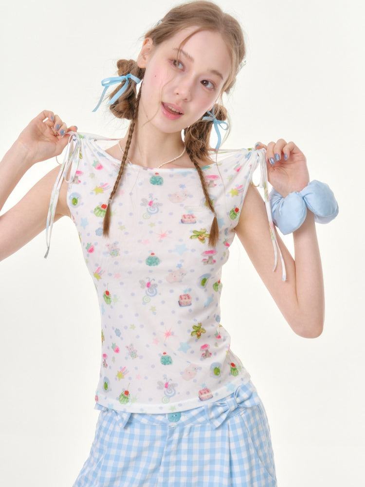 Dreamy Graphic Print Ribbon Sleeveless Tops【s0000016342】