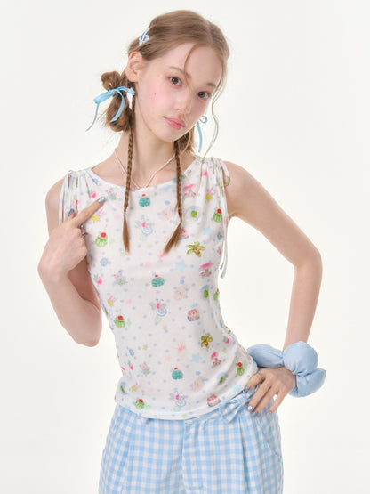 Dreamy Graphic Print Ribbon Sleeveless Tops【s0000016342】