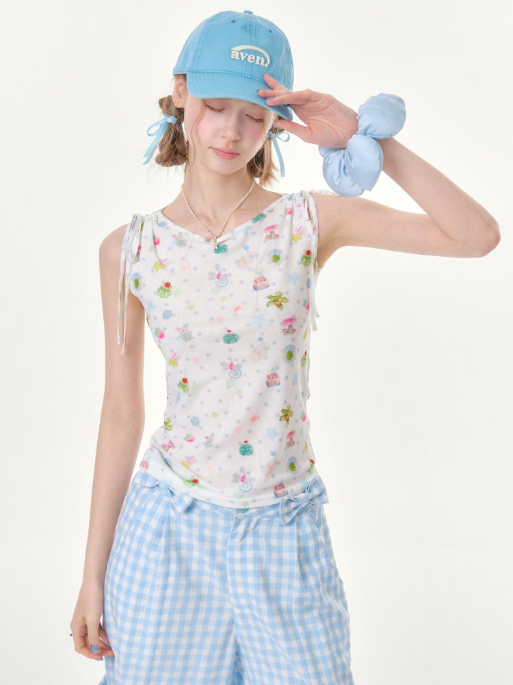 Dreamy Graphic Print Ribbon Sleeveless Tops【s0000016342】