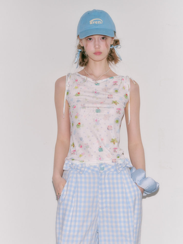 Dreamy Graphic Print Ribbon Sleeveless Tops【s0000016342】