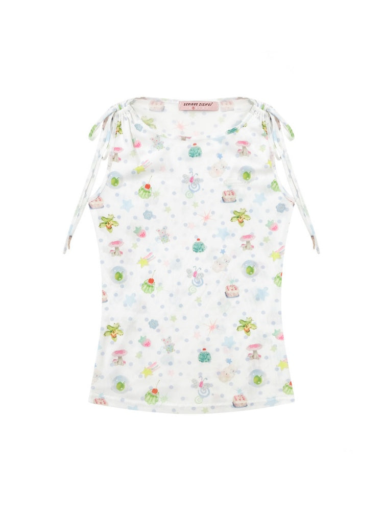 Dreamy Graphic Print Ribbon Sleeveless Tops【s0000016342】
