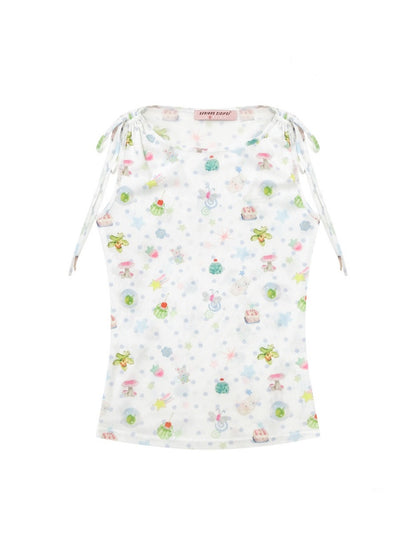 Dreamy Graphic Print Ribbon Sleeveless Tops【s0000016342】