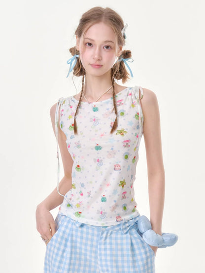 Dreamy Graphic Print Ribbon Sleeveless Tops【s0000016342】