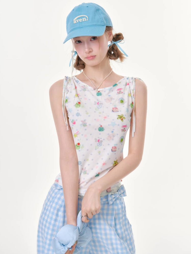 Dreamy Graphic Print Ribbon Sleeveless Tops【s0000016342】