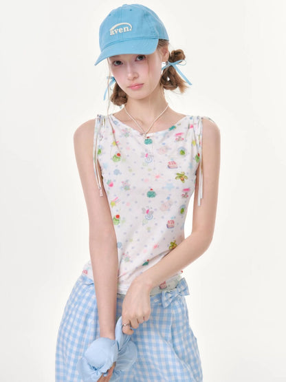 Dreamy Graphic Print Ribbon Sleeveless Tops【s0000016342】